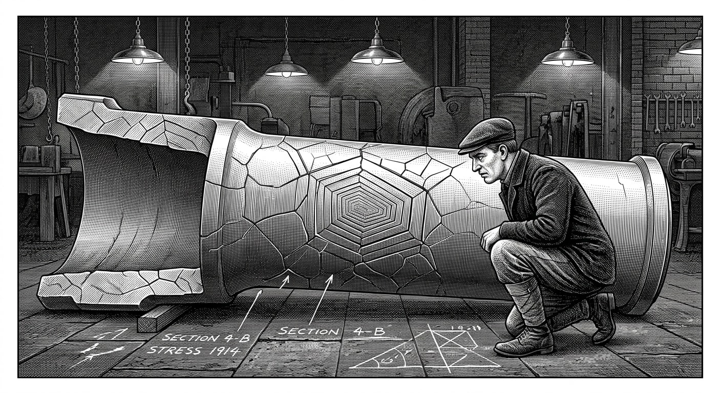 A worker examines a cracked bell-cannon throat, fractures running in unnaturally uniform grain-line patterns