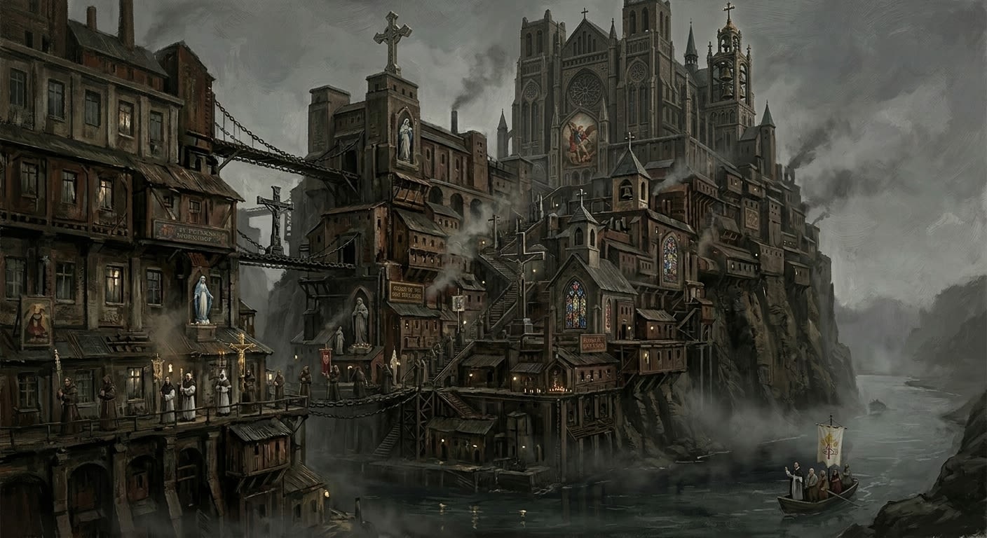 Rheinscarp from the Rhine — nine terraces stacked against the cliff face, fog rising from the dark river below, the Ration-Cathedral at the summit