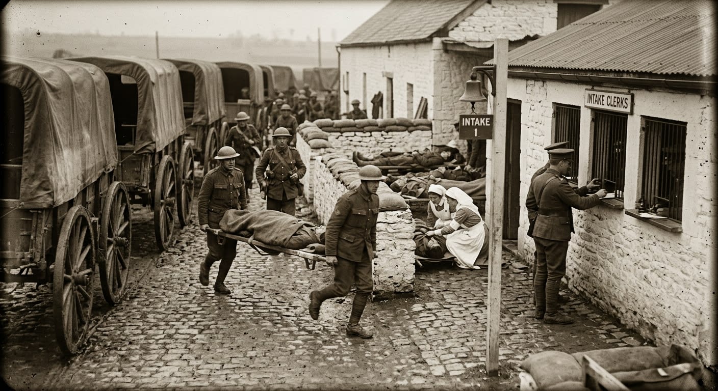 Stretcher runners sprinting through the Wagon Quays intake lanes between canvas-covered ossuary carts and triage pens