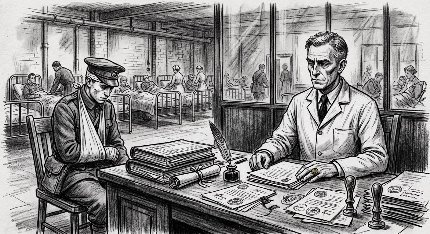 Chief Sealhand Orin at the notary desk, brass seal ring on his operating hand, a wounded soldier seated before him