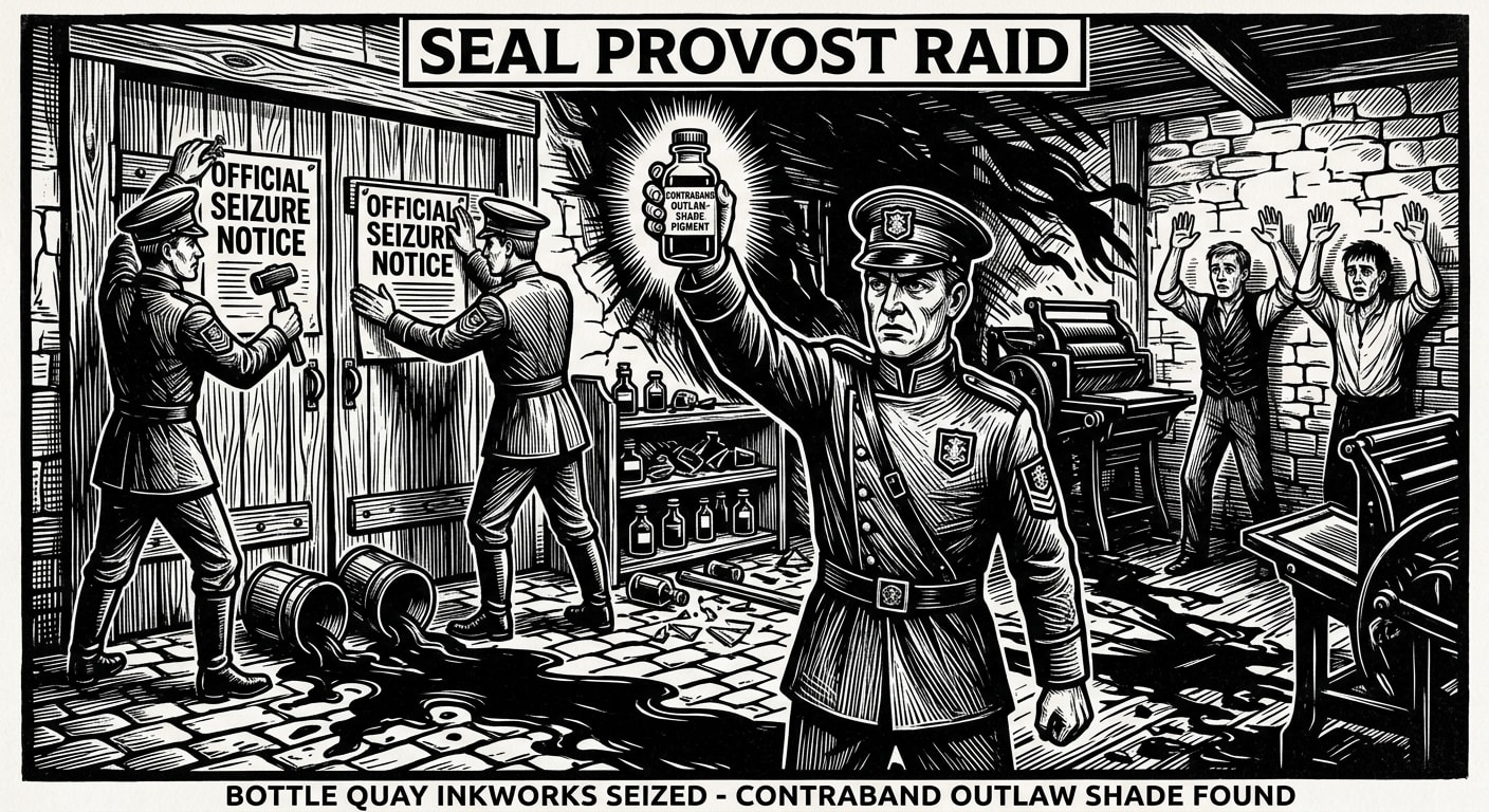Seal Provosts nailing seizure notices to a Bottle Quay inkworks door, overturned ink vats, workers detained