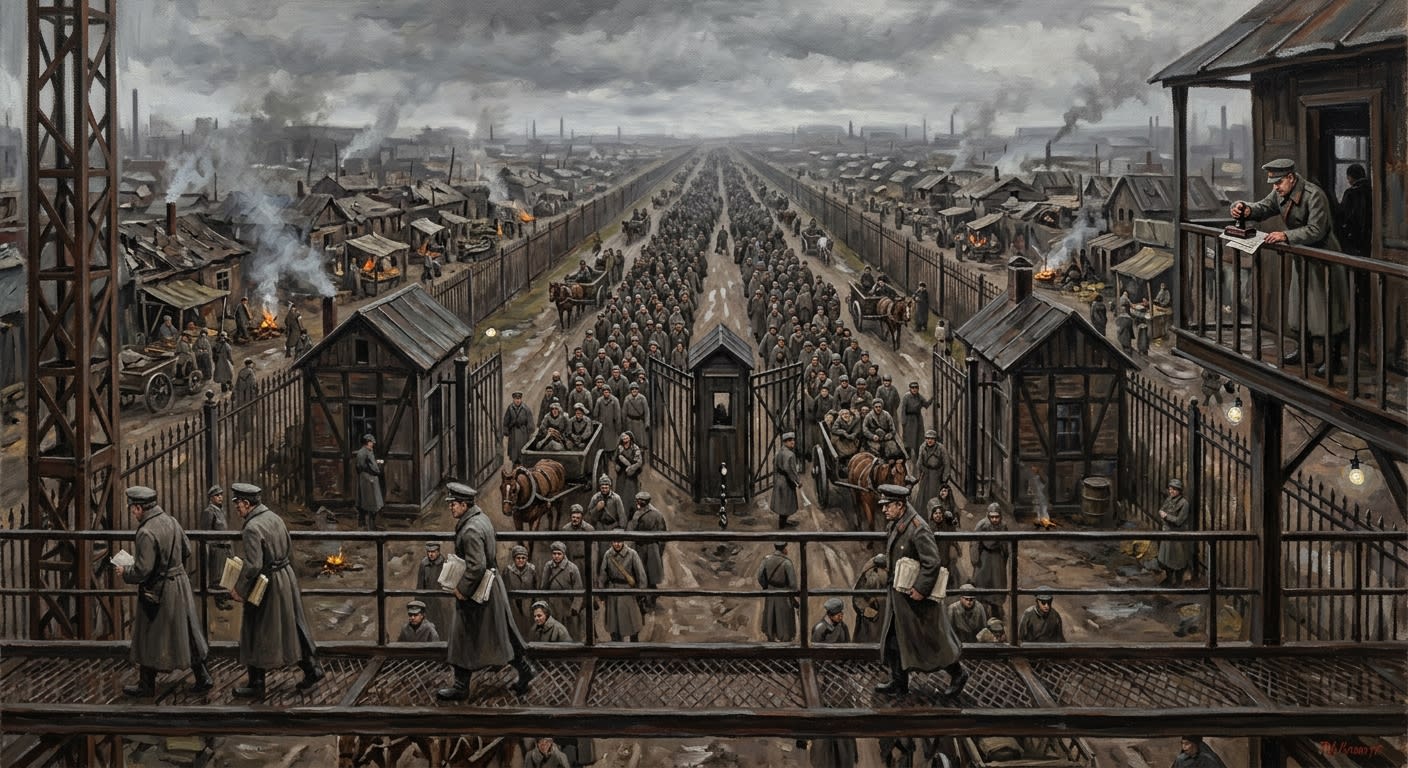 The Queue Road viewed from the catwalk gantry, thousands of travellers compressed into lanes stretching to the horizon