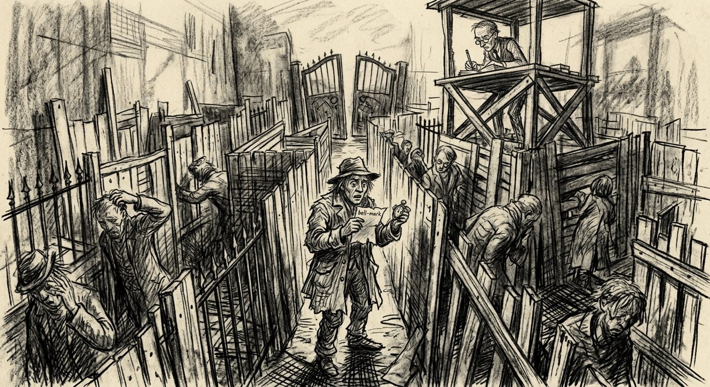 Inside the Barricade Maze, travellers stand dazed as shadows fall at impossible angles — the Minute Drift in effect