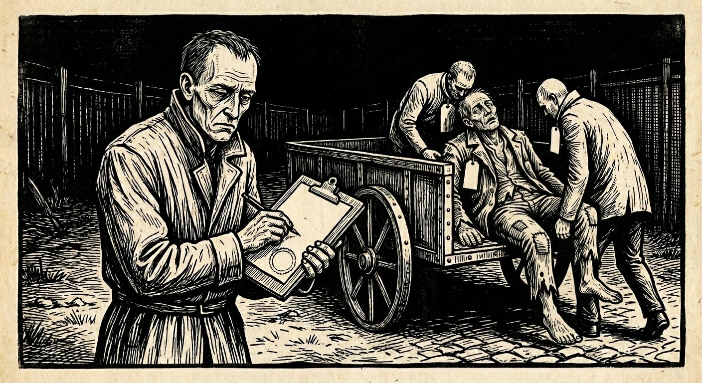 Reeve of the Null Verge supervising the loading of erased persons onto an unmarked cart at night