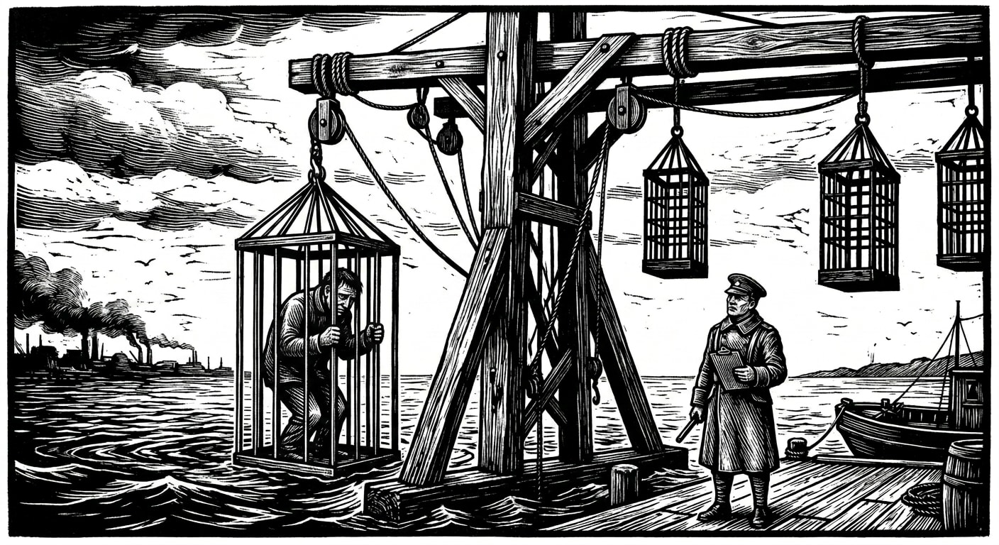 Iron drowning cages hang from the Bend Ferry gantry above the river, a provost officer watching from the dock below
