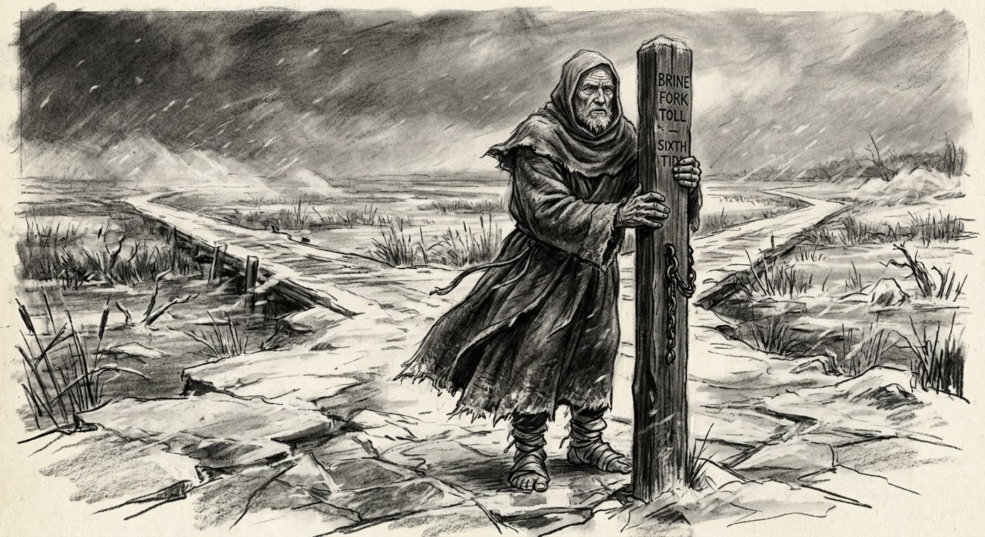 An old man in salt-stiffened wool robes stands bare-handed at a toll-post, wind pressing his robes flat, frozen causeways stretching behind him