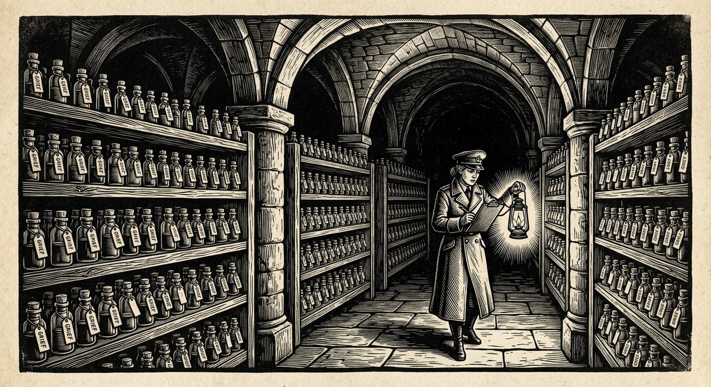 A woman with a clipboard and lantern stands among endless racks of sealed glass phials in a stone vault, the darkness beyond her lantern absolute