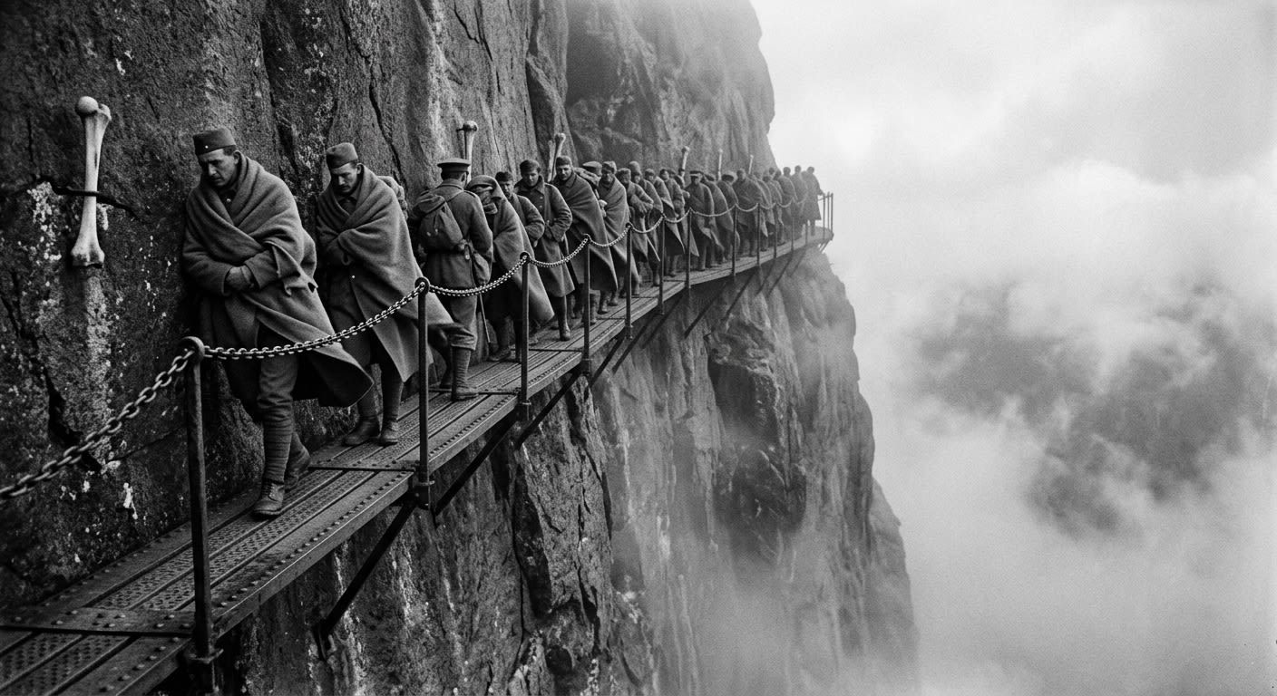 The Hanging Mile: a three-foot iron catwalk bolted to a sheer cliff face, pilgrims single-file, chain rail locked, fog below
