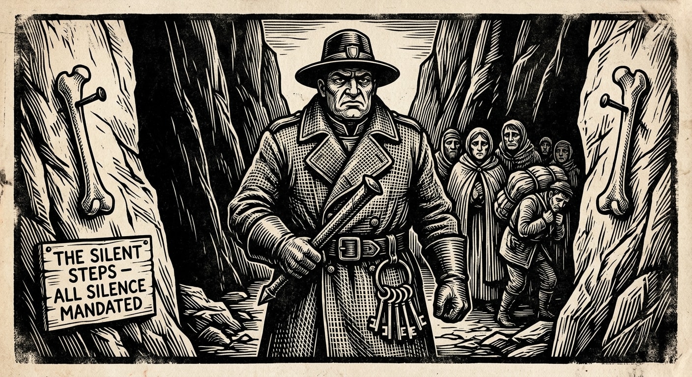 Warden-Captain Bronn at the Silent Steps, nail-baton and ring of seven keys, pilgrims frozen in enforced silence behind him