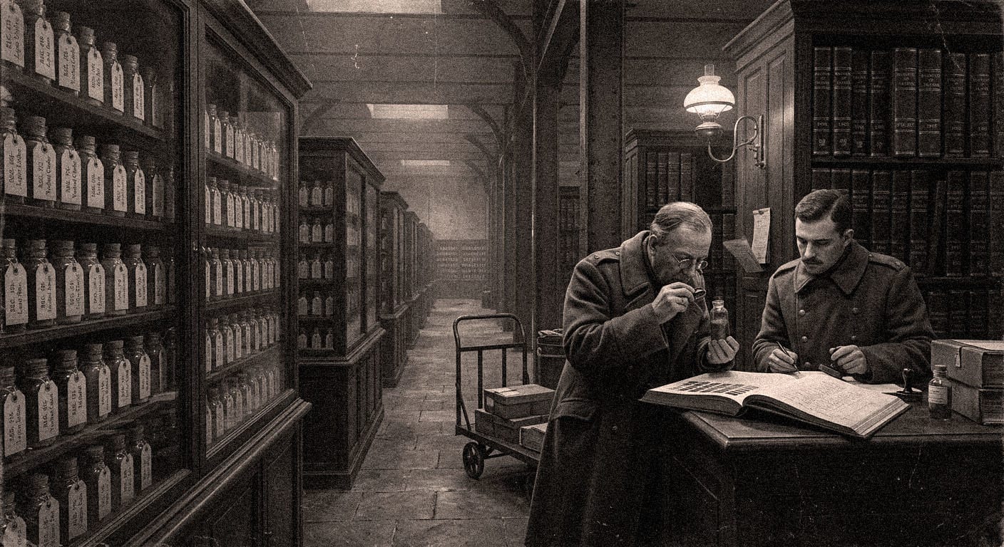 Chromatic Registry clerks examining a document against sealed colour phials under gaslight