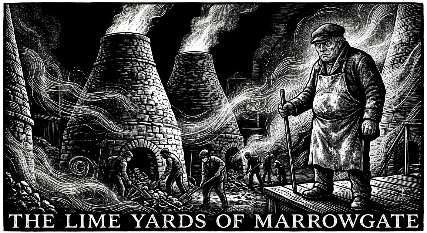 Bone-lime kilns burning at night in the Lime Yards, Kilnmaster Hark overseeing workers as the Marrowwind rises with chalk dust