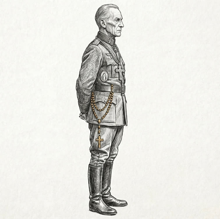 Portrait of Prior-Scribe Erem Vale, head of the Cloister Chapter — austere clerical robes, polished signet, a face that has never said the word 'mistake'.