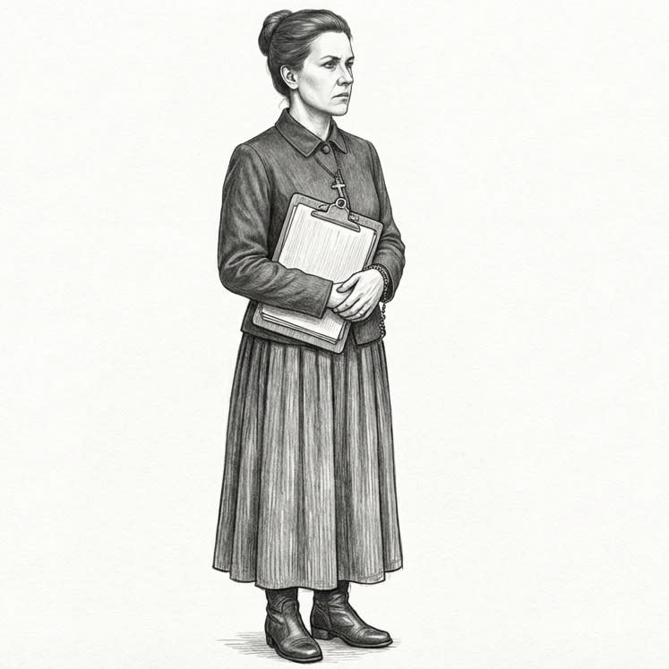 Portrait of Jossa Rill, Mistress of Intake — apron of pilgrim-classification stamps, ledger at her hip, the level gaze of a butcher grading meat.