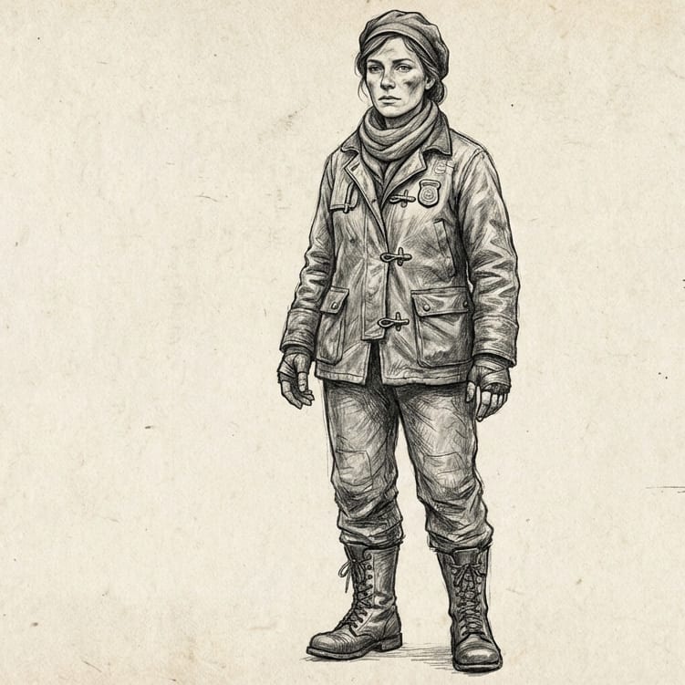 Portrait of Adèle Marivaux, Checkpoint Queue-Marshal — Bureau intake uniform, three small unseen mercies a day stitched into the lining no one is meant to see.
