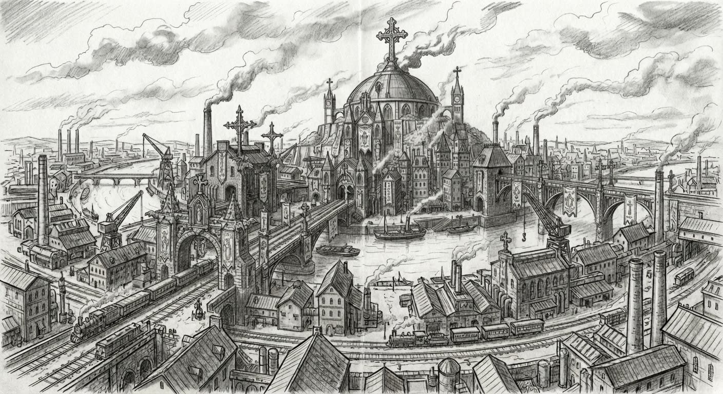 Panoramic view of Essen-of-Hymnsteel from the canalized river fork — forge-city in working glow, hymn-halls and blast-furnace towers lining the bank.