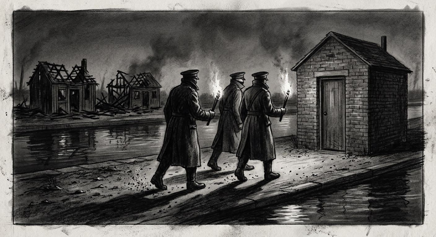 Three Ash-Fine Marshals in greatcoats approach a Canalback shack by torchlight, ash and cinders underfoot