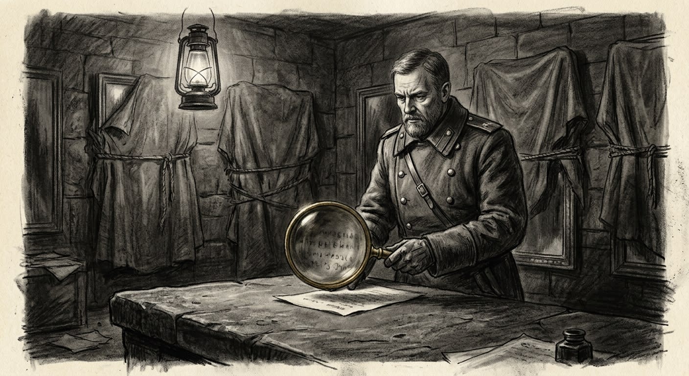 Silence-Master Rhu Tern holds a brass mirror to a document; new words bleed through the glass