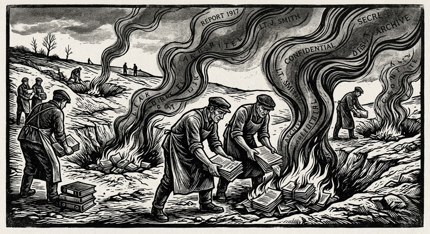 Workers feed documents into burn pits in the Redaction Yards; ash rises spelling names in the air