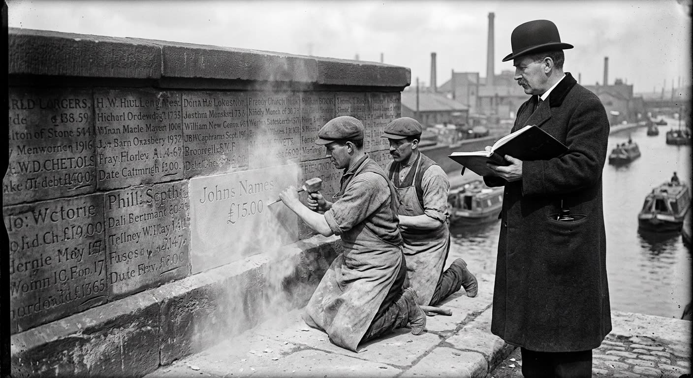 Two Stone-Ledger masons chiselling names and debt figures into a bridge parapet, a Bridge-Scribe Collegium official watching with ledger open