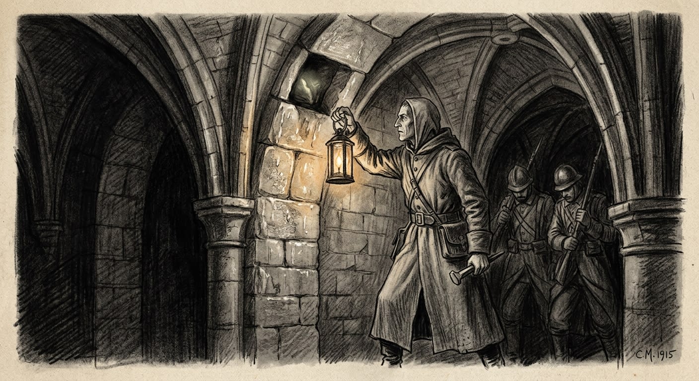 Canon-Inquisitor Silex Marrow holding a lantern to a glowing keystone cavity in the Saintspan vault rib, chisel in hand, two provost soldiers behind him in shadow
