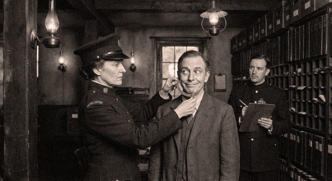 Sister-Lector Neme Varr applies the curved brass smile-gauge to a citizen's face in the Mirth Office