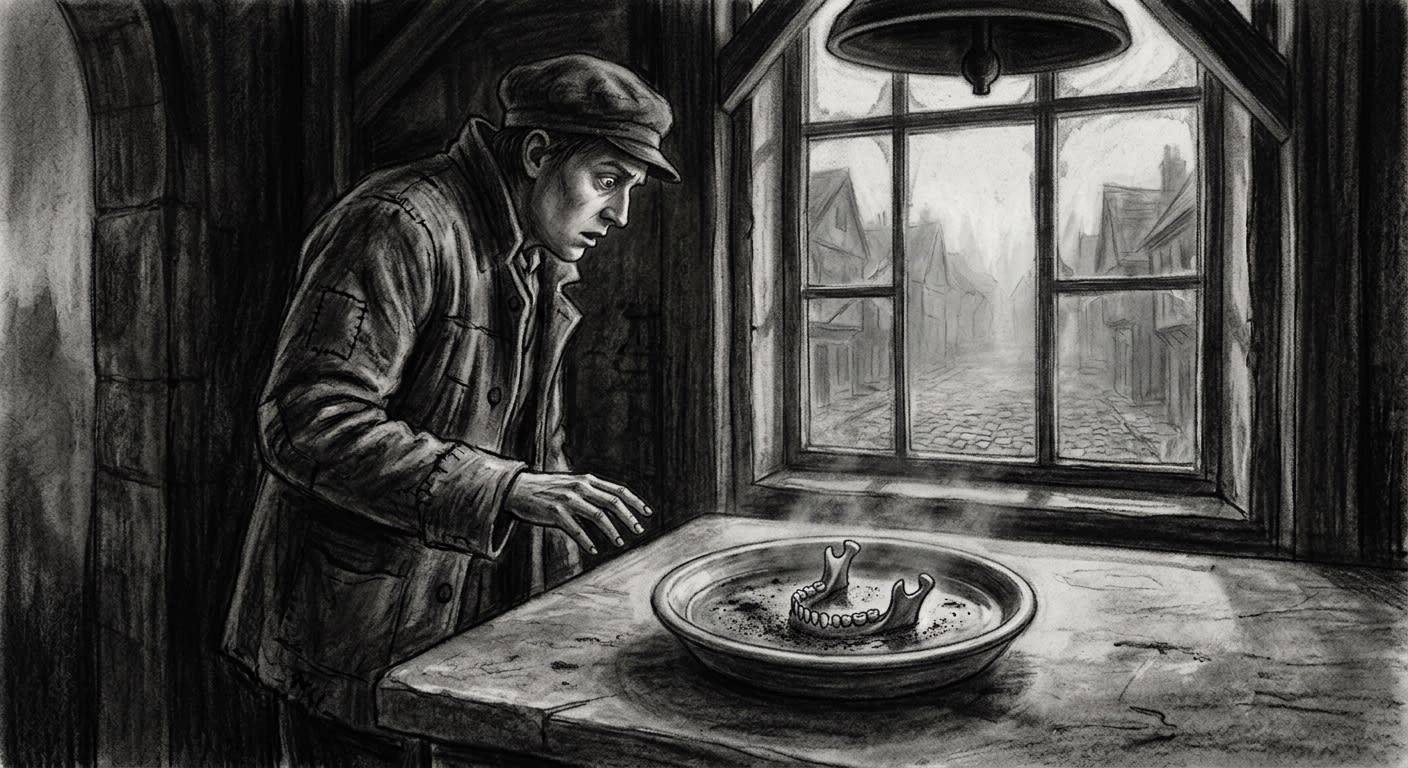 A grader stands rigid over a settling dish in which saint-dust has descended into the shape of a jawbone; the town frozen in silence beyond the window