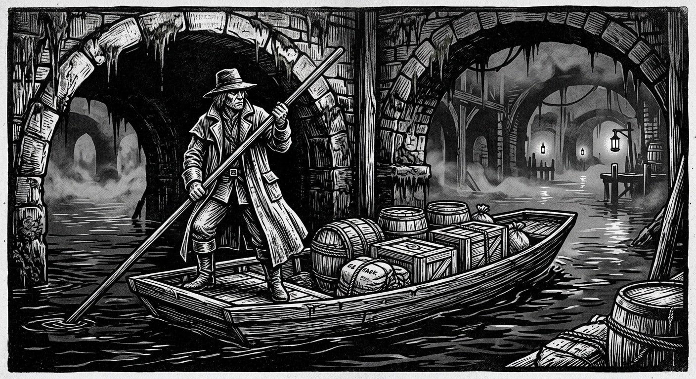 Silt-Rook Dema poles a flat-bottomed skiff through fog-shrouded flooded under-streets at night, sealed casks behind him, boots conspicuously dry