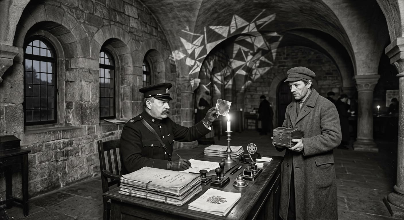 Verifier-Provost at an oak desk holding an oathglass pane to a candle flame, fractured light patterns on the walls