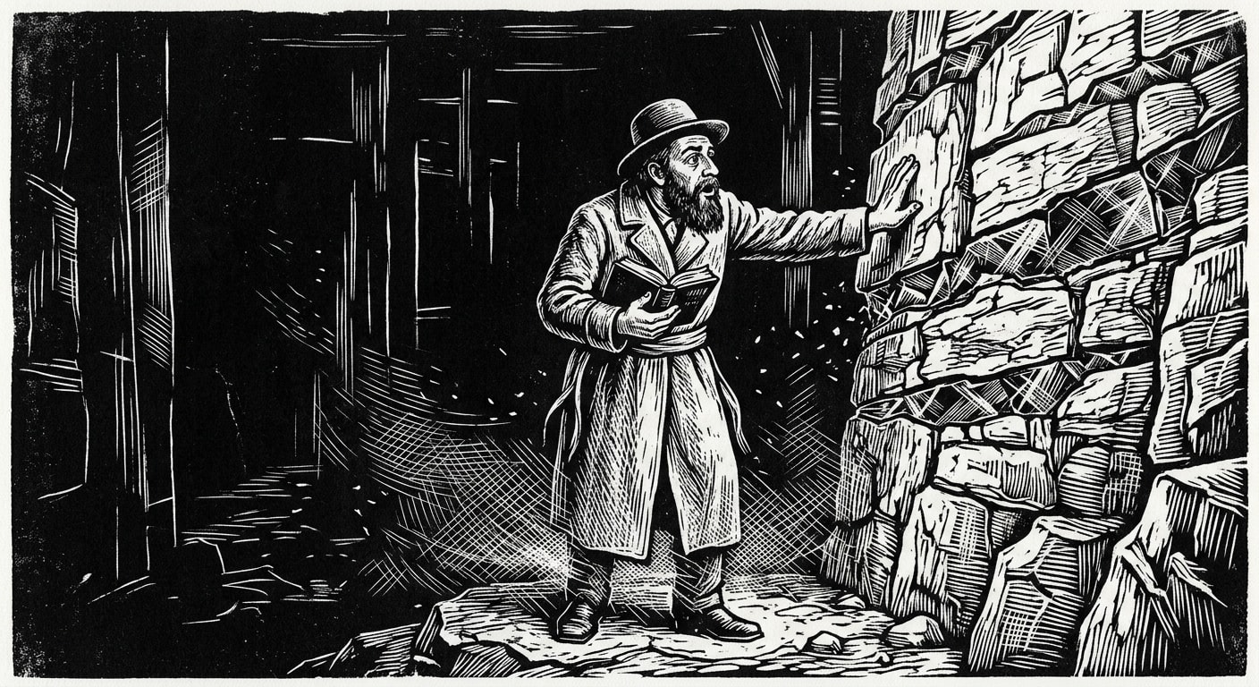 A tunnel cantor frozen at the cliff face, palm pressed to the glass seam, hymnal open, dust suspended in the air