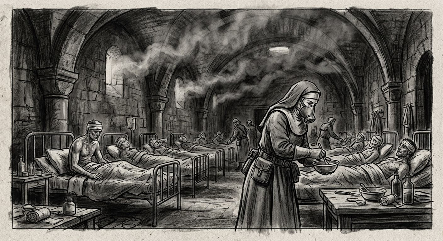 The Scorch-Cure Infirmary, blue-white antiseptic smoke, convalescent soldiers on iron cots, Sister-Physic in respirator