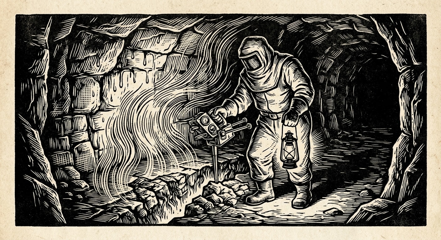 Vent-Warden with measuring instruments over the sealed basalt vent floor, heat distortion rising, dim oil lantern