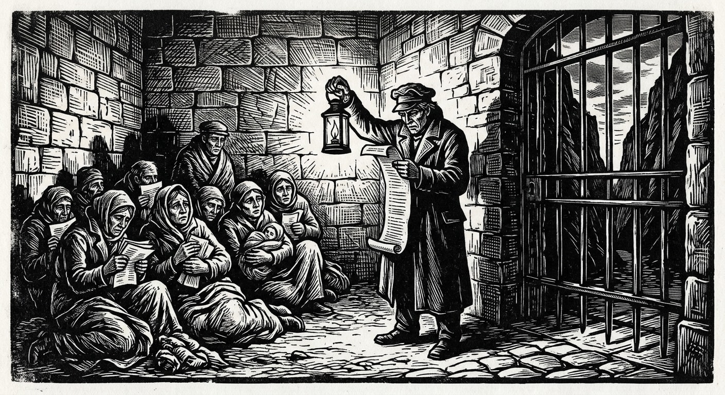 Stone-walled detention yard, pilgrims sitting on ground holding papers, warrant-clerk with lantern checking a list
