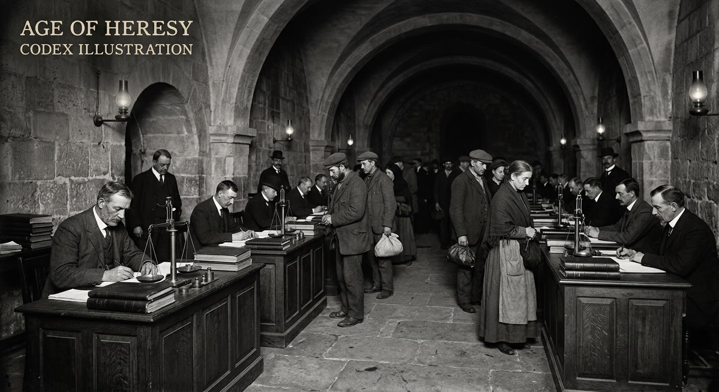 Grief assessment clerks at heavy oak desks with brass balance scales and ledgers, pilgrims standing before them in a vaulted stone hall
