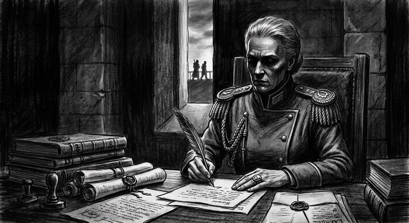 Gate-Canon Meral Voss signing documents at a ledger-piled desk, stamp ring on her hand, provost walkway visible through the slit window behind her