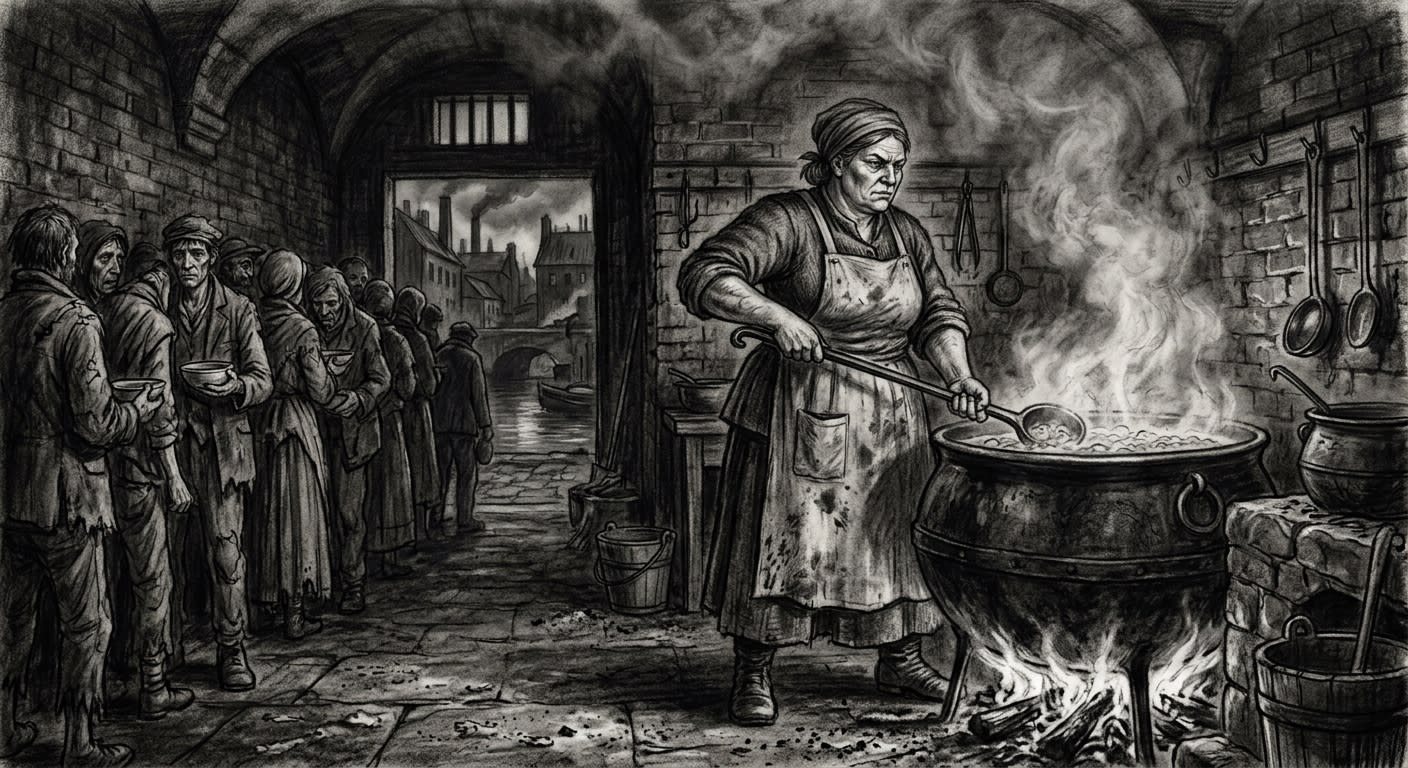 Matron Ilka stirring bone broth in the Marrow Kitchens, steam rising, hungry residents queuing behind her