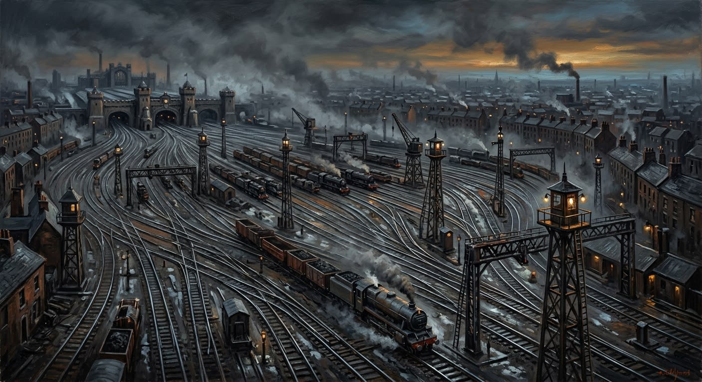 The Palatine Switchyard of Lorn at dawn — a vast iron plain of switch points and signal towers, twelve converging rail lines, coal haze and bell fog over the yard floor