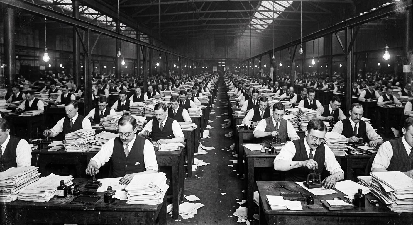 The Manifest Basilica stamping halls — rows of clerks at ink-stained desks, stamp presses, paper stacks, bare electric lights