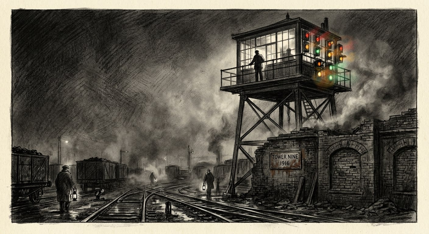 Tower Nine at night — iron-and-glass control cage elevated above the yard, signal lamps blinking in wrong sequence, sealed clock tower bricked into the base