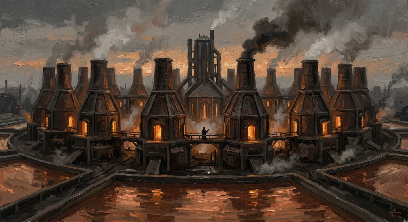 The Chrismole Crown of Brast from the slag berms at dusk, seventeen fire-brick kilns glowing amber