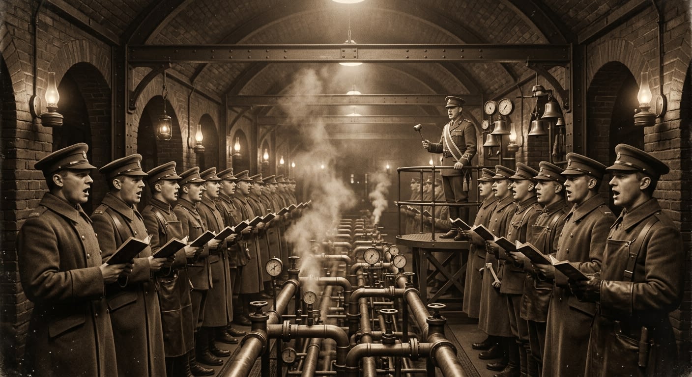 Choir-technicians singing in the Sanctification Nave before condensation pipes and pressure gauges