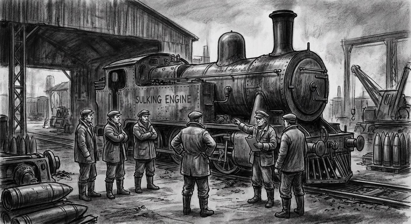 A Sulking Engine halted in a rail siding, workers gathered around it at a cautious distance
