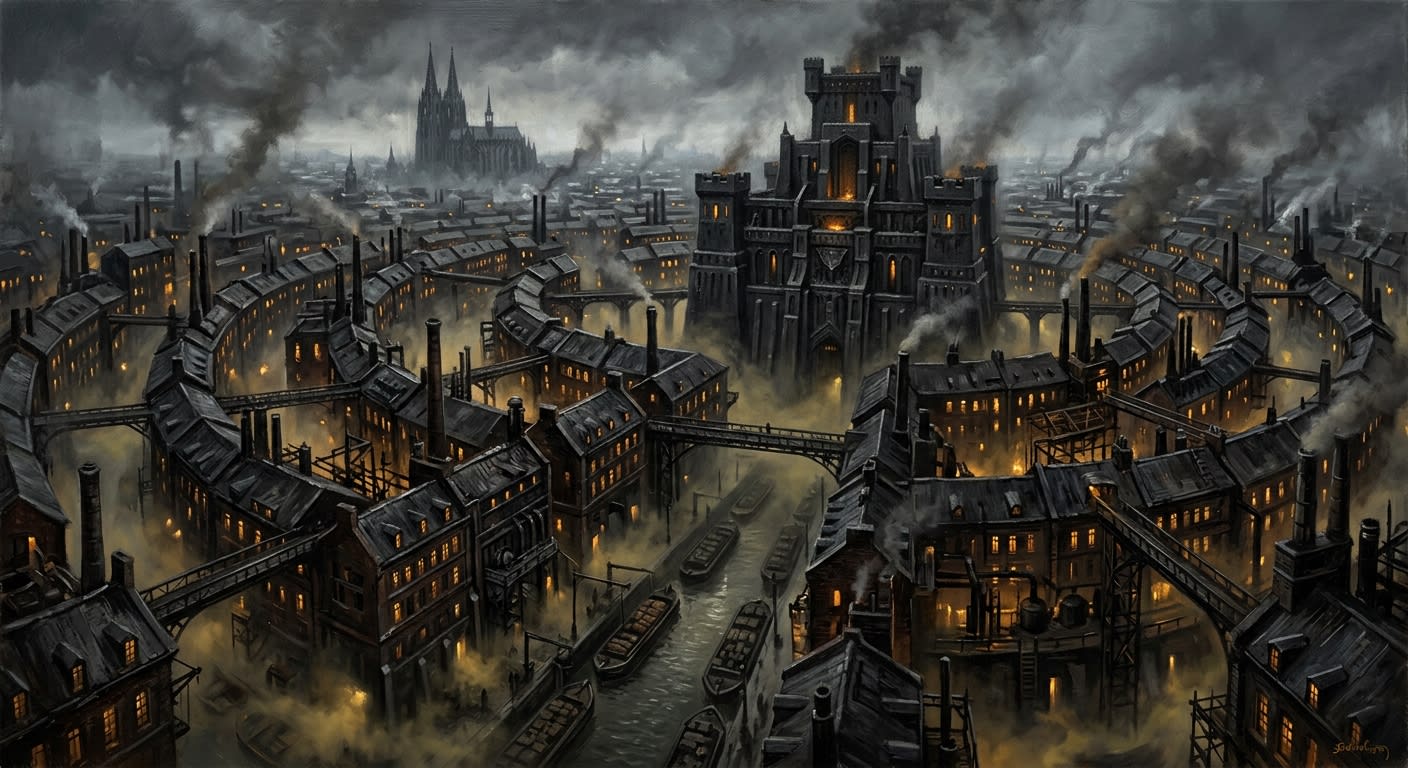 Aerial view of Sable Court, the Crownwright Diehouses quarter of Cologne, concentric mint buildings in fog
