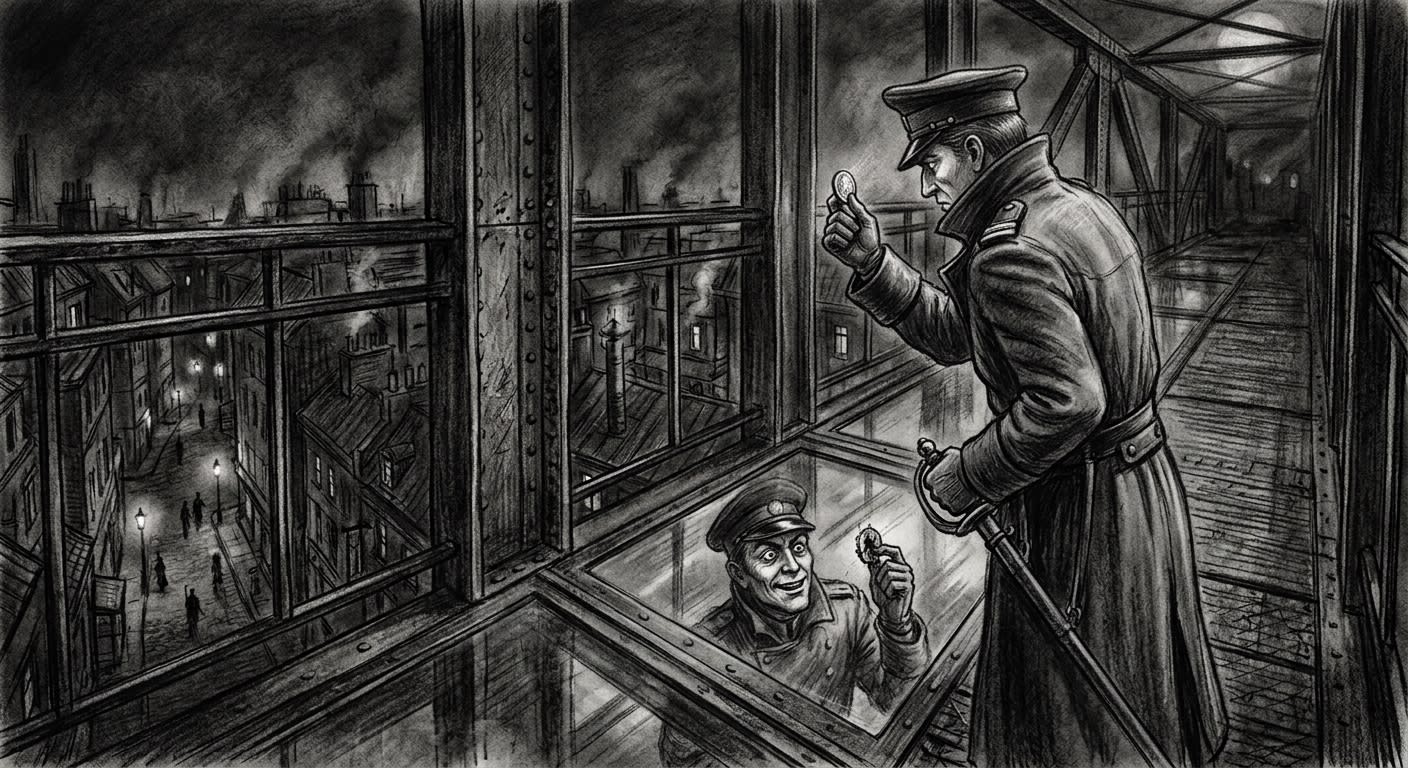 Warden-Captain Kline on the Warden Walk, holding a coin to the mirrored inspection window at night