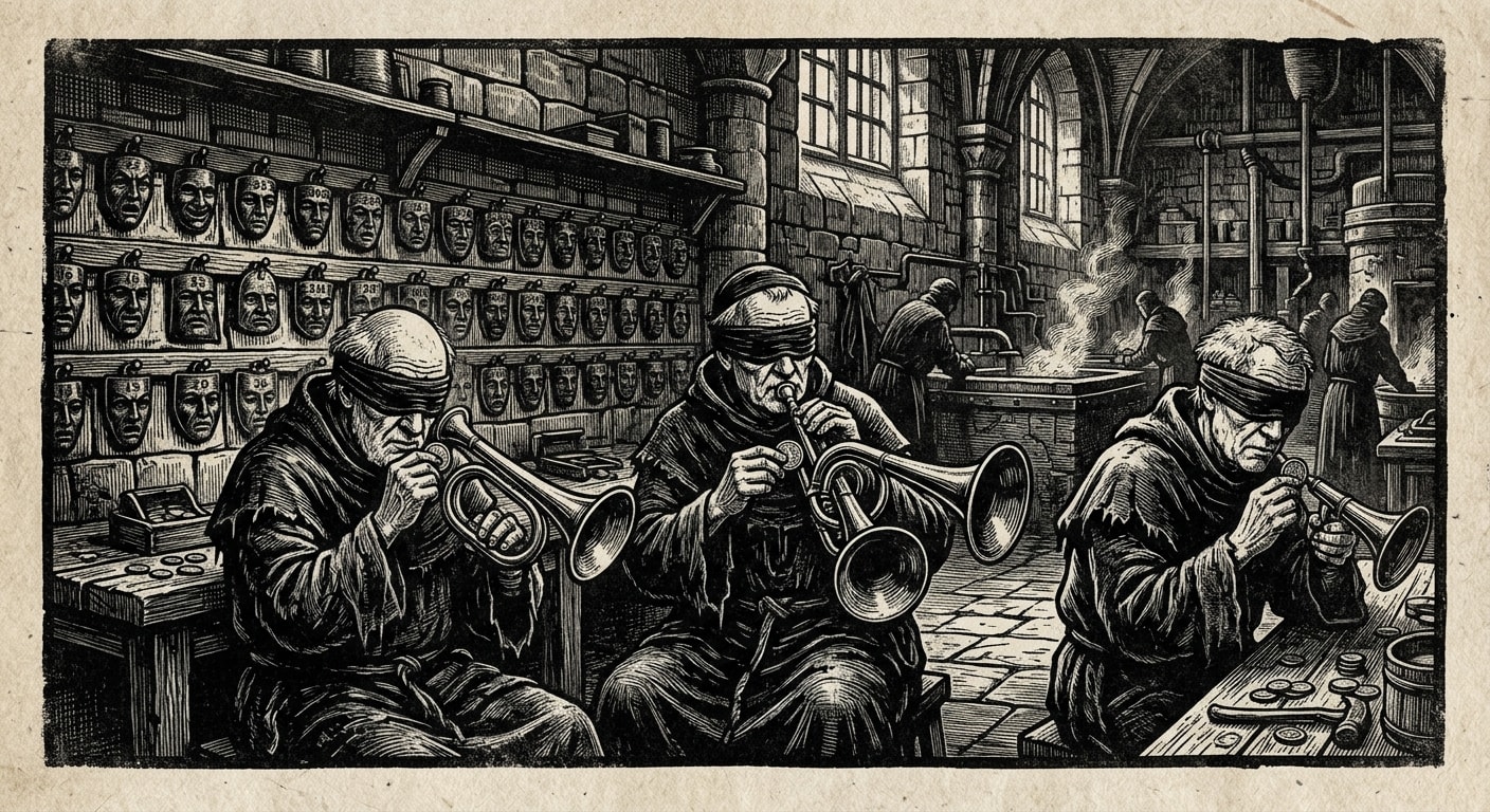 Blind assay-clerks testing coins for face fidelity in the Assay Cloisters, eyes wrapped in black cloth
