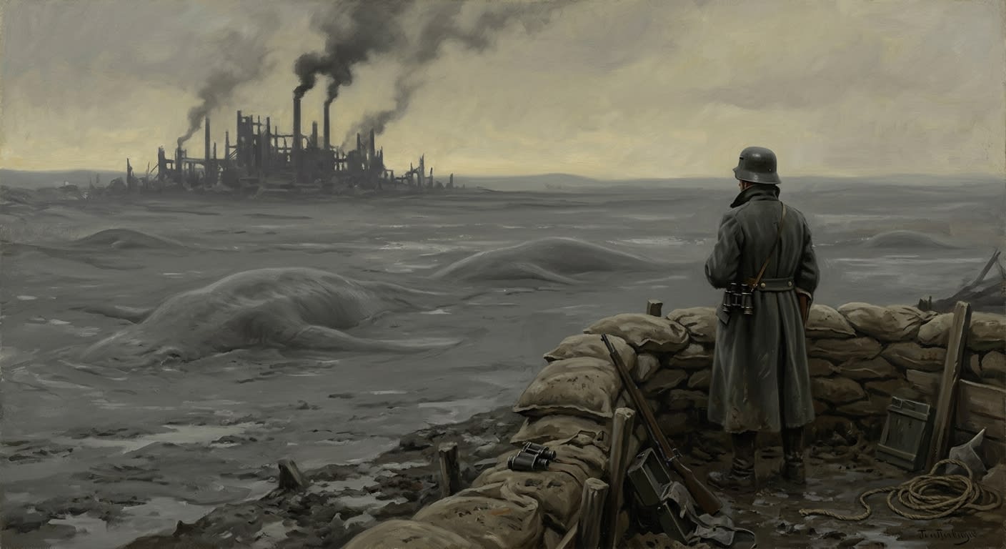 The Blightmarsh viewed from Observation Post Kestrel-9, grey mud plains stretching to the horizon with the Cauldron Citadel smoking in the distance