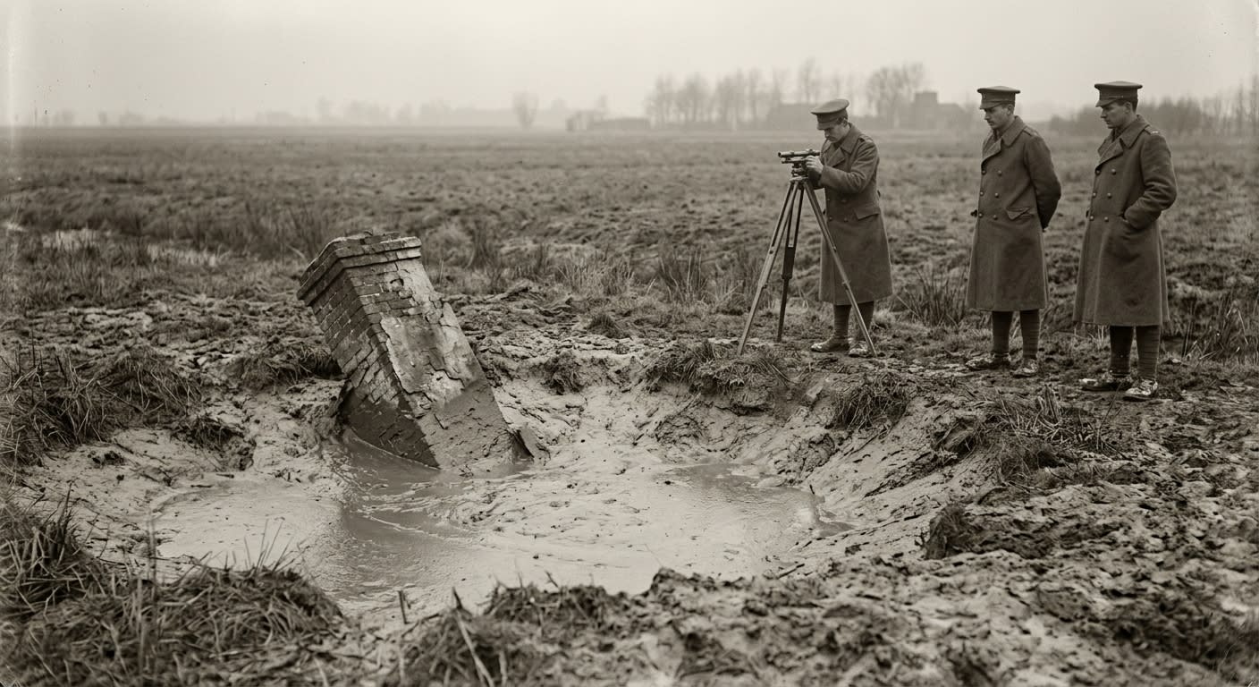 Bureau soldiers at the edge of a Famine Pit, a buried farmhouse chimney protruding from grey sediment