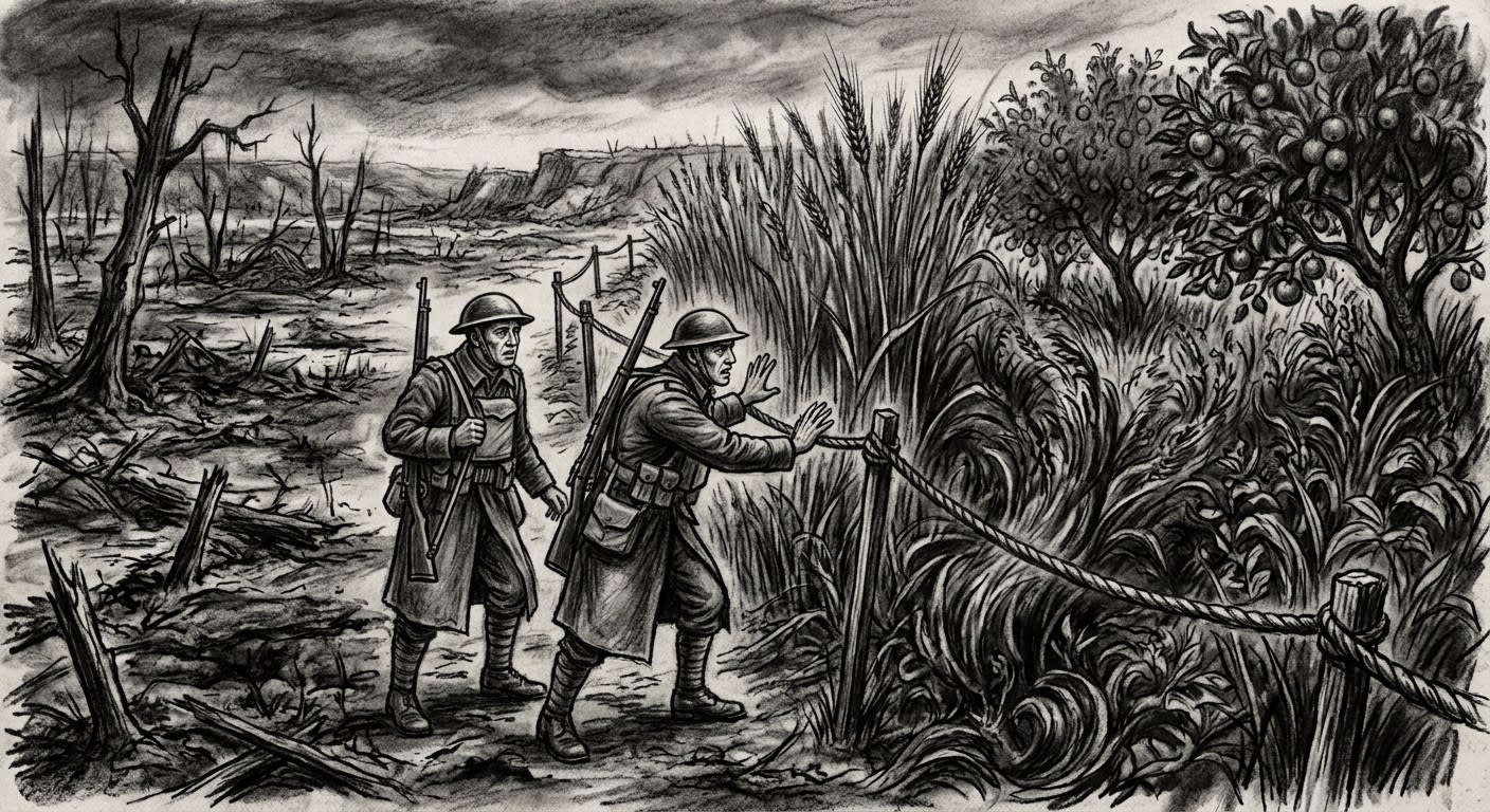 The Abundance Fields at the Blightmarsh boundary, impossible lush crops beside dead grey mud, soldiers watching behind a rope barrier