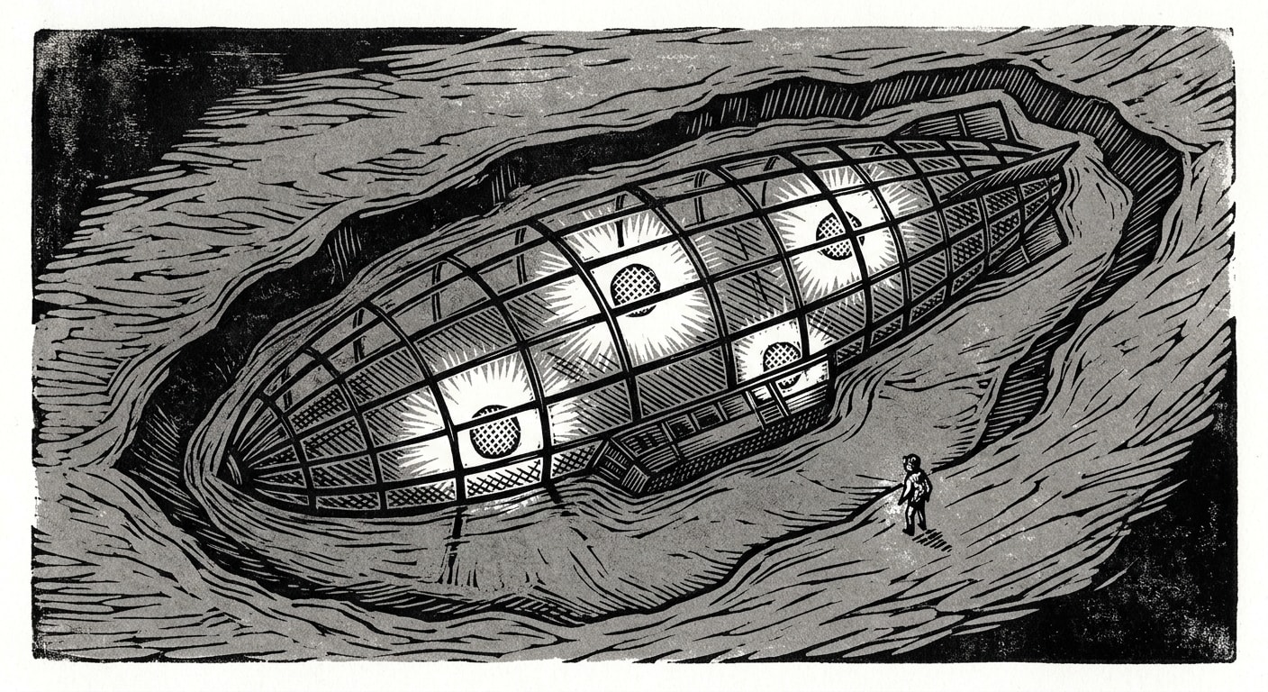 The wreck of the Vigil Ark Sanctissima Vox visible beneath the grey mud surface, relic lanterns still glowing faintly below