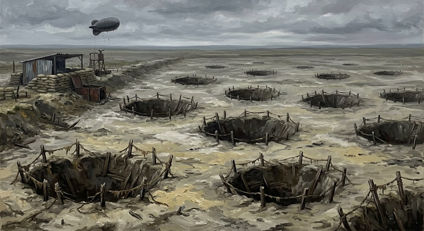 Aerial view of fourteen mass-burial craters in the grey Hungarian plain, each ringed with weathered stakes, a Bureau observation post on the ridge