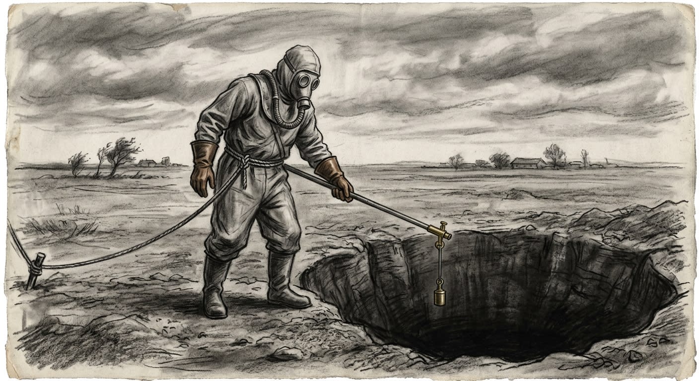 A Hunger Warden in canvas isolation suit at the lip of a Famine Pit, rope safety line, measuring instrument extended over the void